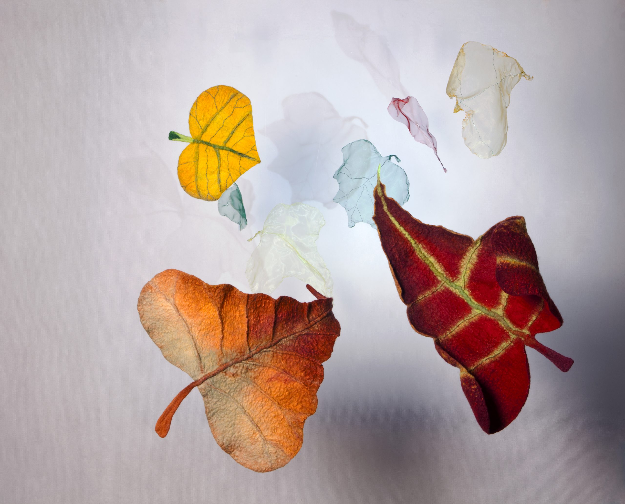 Sculpture of autumn leaves. Individual leaves hanging freely in the air.